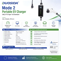 Chargeur EV Mode 2 J1772 16A 240V Courant Réglable Température LCD en Temps Réel OEM USA Canada Japon