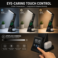 Chargeur sans fil rapide 6-en-1, lampe de bureau LED avec horloge numérique et alarme, station de charge pliable 15W pour téléphone, écouteurs et montre