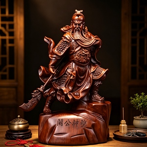 Estatua de Guan Gong con Acabado de Resina y Madera, Base de Roca, Escultura del Dios de la Riqueza, Ecológica, Pintada a Mano, para Oficina Ejecutiva - Product Image 1