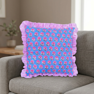 Floral Square <b>Cushion</b> <b>Cover</b> With Pink Ruffle Trim Bohemian Style Home Decor Pillow Case Blue And Pink Pattern Home Hotel Decor - Product Image 1