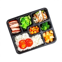 Boîte à lunch jetable à 7 compartiments noire, boîte à emporter pour la restauration rapide, boîte à bento en plastique épais de qualité alimentaire avec couvercle