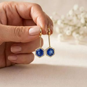 Pendientes de Zafiro Azul con Forma Hexagonal Geométrica y Detalle de Circonita Cúbica, Pendientes Colgantes de Piedras Preciosas Naturales en Plata de Ley 925, Elegantes - Product Image 5