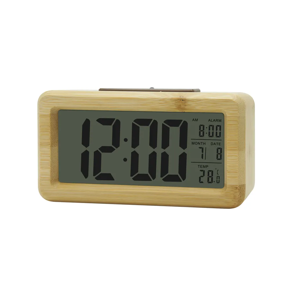 wooden bamboo Large Screen LCD digital smart clock with alarm snooze function