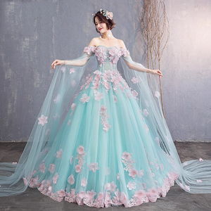 Robe de mariée florale à épaules dénudées, longueur au sol, en tulle, avec dos lacé, robe de mariée élégante pour cérémonie - Product Image 4