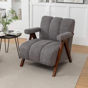 Modern Tufted <b>Arm</b> <b>Chair</b> Boucle Upholstered Thick Cushion Solid <b>Wood</b> Frame for Apartment Bedroom Living Room Home Office <b>Dining</b> - Product Image 1