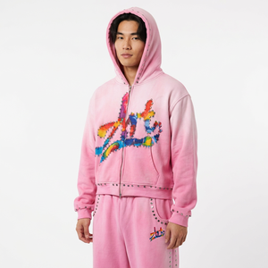 Conjunto deportivo rosa con pedrería, sudadera con capucha y cremallera, pantalones jogger bordados, ropa informal unisex - Product Image 3