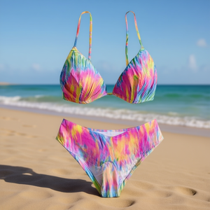 Set bikini HDJ con stampa tie-dye multicolore, reggiseno push-up, slip a vita alta, costume da bagno da donna, set da 2 pezzi - Product Image 2