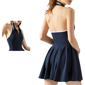Hot Selling Luxe Halter Color-Block Turn-Down Kraag Sport Pad Jurk Vrouwen Gebouwd In Korte Broek Fitness Beauty Back Tennisjurk - Product Image 3