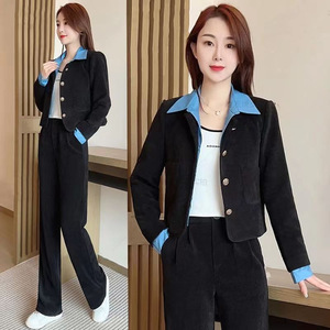 Women's Corduroy Suit Set Long Sleeve Top Wide Leg Pants Purple Casual Anti-Wrinkle Two Piece Outfit JN8221 - Product Image 4