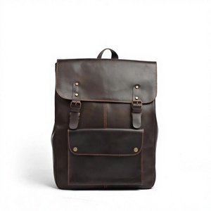 Unisex Genuine Leather <b>Backpack</b> Solid Brown Hasps Closure Front Pocket Adjustable <b>Strap</b> Durable Casual Daily Use - Product Image 1