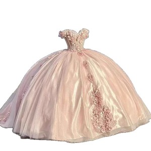 Pink Off Shoulder Ball Gown Chiffon <b>Dress</b> Floral Print Empire Waistline <b>Prom</b> <b>Dress</b> - Product Image 4