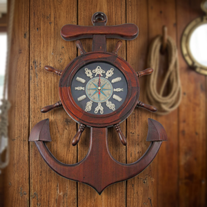 Horloge murale polie en bois de santal nautique avec roue de bateau, ancre et nœud marin - Product Image 3