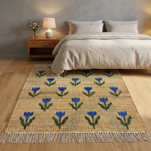 Tapis artisanal en jute à motif floral, rectangulaire, à poils ras, écologique, style ferme, pour la décoration du salon - Product Image 4