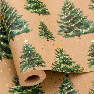 Kraft Christmas <b>Wrapping</b> <b>Paper</b> Green Gold Tree Star Design 17 Inch X 33 Feet Roll Gift Craft Eco Friendly - Product Image 1