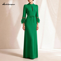 Robe de soirée élégante en crêpe vert, style saoudien, col montant, manches longues, poignets à plumes, longueur ras du sol, robe de cérémonie pour invitée de mariage