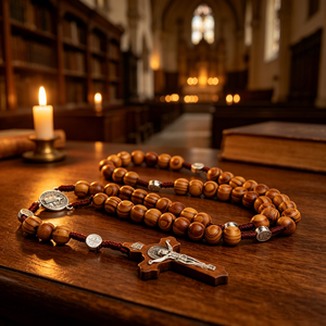 Collier religieux catholique en bois avec perles et croix plaquée argent, en alliage ABS/Zinc, mini perles phosphorescentes, vente en gros, pièce maîtresse - Product Image 5