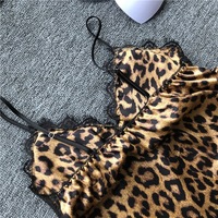 Grosir Lintas Negara ODM Musim Panas Terbaru Wanita Baju Tidur Satin Sutra Es Seksi Motif Leopard Eropa/Amerika Tebal 2-Potong