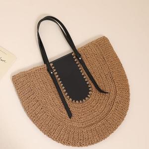 Sac fourre-tout en coton tissé, couleur unie, style bohème, fermeture éclair, grande capacité, été, plage, broderie artisanale pour femmes - Product Image 3
