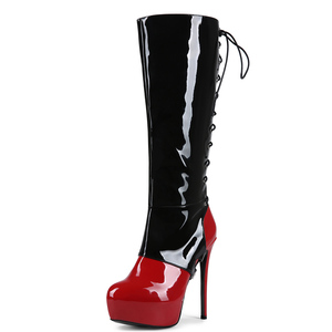 Summer Red Patchwork Patent Knee High Boots Big Size 47 Back Cut Out Lace up Long Boots Thick Platform Thin <b>Heels</b> Party Shoes - Product Image 6