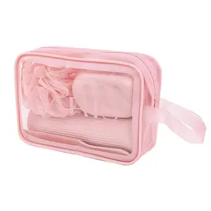 Heißkleben kleiner kosmetikbeutel aus PvC rosa durchsichtige kosmetiktasche mit griff für frauen