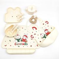 Ensemble de vaisselle pour enfants en silicone personnalisé, de qualité alimentaire, avec assiette à ventouse, bol, fourchette, cuillère et bavoir, design frais et mignon