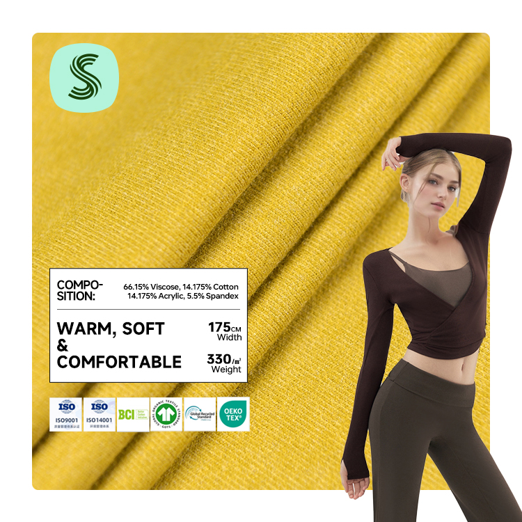 330gsm Ribbed 66.15% Viscose 14.18% Cotton 14.18% Acrylic 5.5% Spandex Elastic Viscose Twill Fabric for Homewear