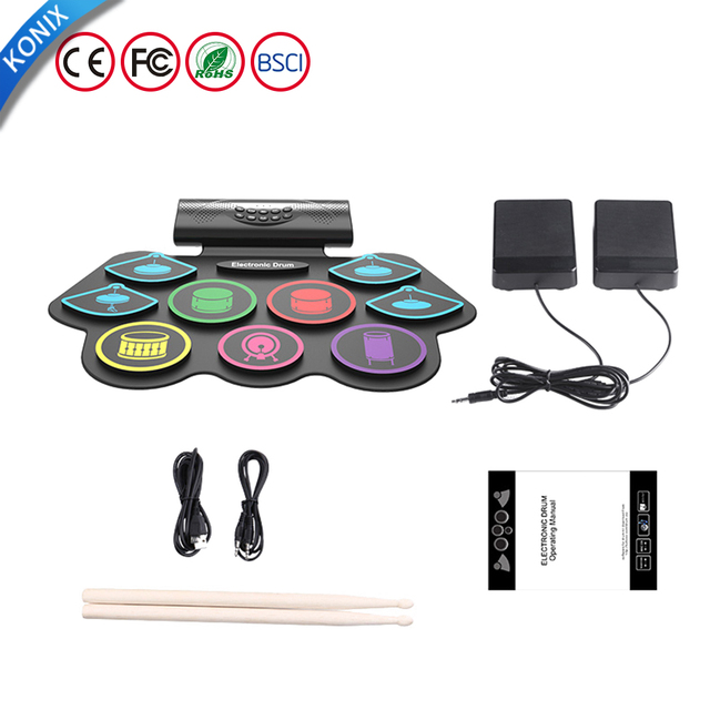Compact Size USB Roll-Up Silicon Drum Set Digital Electronic Drum Kit 9 Drum Pads with Drumsticks Foot Pedals for Beginners