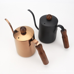 Bouilloire à bec de cygne en acier inoxydable avec couvercle, poignée en bois, long bec verseur, cafetière noire et or rose - Product Image 1