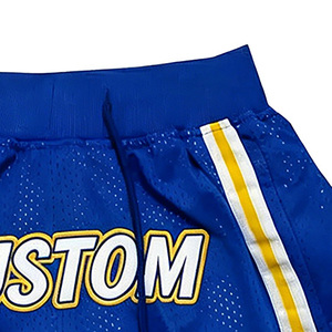 Shorts de basketball personnalisés pour hommes, bleu et jaune à rayures, impression par sublimation, taille à cordon, coupe ample, vêtements de sport décontractés - Product Image 3