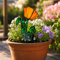 Décoration de jardin personnalisée faite à la main - Style verre teinté Pavot de Californie - Pot de fleurs orange - Perles de cristal