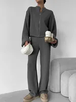 Ensemble Automne-Hiver pour Femmes DN - Nouvelle Veste à Fermeture Éclair, Pantalon à Jambes Larges, Pull en Tricot Doux à Manches Longues, Style Décontracté