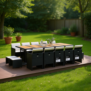 Set da Pranzo da Giardino in Rattan PE Nero per 10 Persone, Arredamento da Esterno Pieghevole in Stile Contemporaneo - Product Image 3