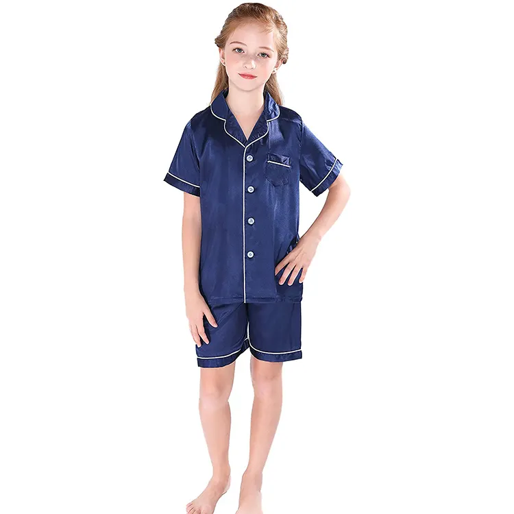 2021 Meisje Kinderen Natuurlijke Moerbei Zijde Pyjama Leuke Korte Mouw En Shorts Baby Kids Satijn Zijden Pyjama Set