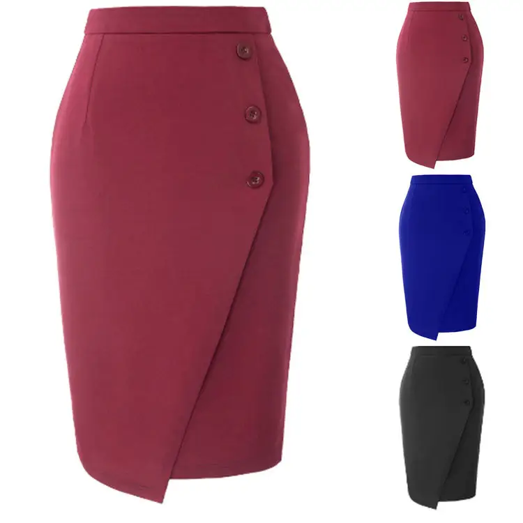 Women's Black and Wine High Waist Buttons Decorated Back Split Bodycon Short Pencil Skirt F068