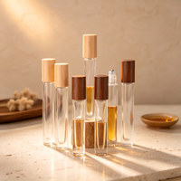 Flacon roll-on en verre de 10 ml, en verre flint de haute qualité, avec bille en acier inoxydable et couvercle à vis en bois, disponible en forme ronde et carrée