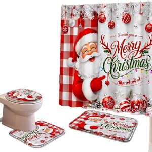 Cortina de Ducha de Poliéster con Diseño de Papá Noel a Cuadros Rojos, Cortina de Baño con Impresión Digital Personalizada, Impermeable, Venta al Por Mayor, Moderna - Product Image 5