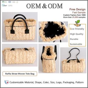 Bolso Tote Cuadrado <span class=keywords><strong>de</strong></span> Rafia Natural Tejido a Mano con Asas <span class=keywords><strong>de</strong></span> Cuero Negro, Borde Deshilachado, Bolso <span class=keywords><strong>de</strong></span> Playa Boho Sostenible para Mujer - Product Image 2