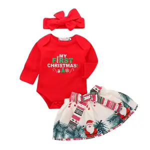 Groothandel Peuter Romper + Rok + Hoofdband Mijn Eerste Kerst Baby Meisjes Kleding Pasgeboren Zuigelingen Pak set