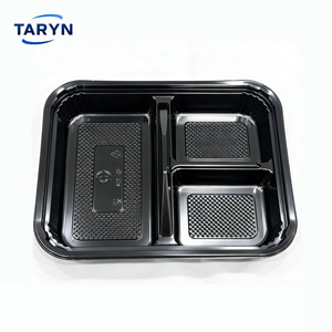 Barquettes alimentaires jetables en plastique PS noir à 3 compartiments, écologiques et compatibles micro-ondes, pour biscuits, plats à emporter et préparation de repas - Product Image 1