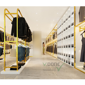 Support de présentation de vêtements en métal doré personnalisable, mobilier de boutique écologique, étagère murale pour vêtements pour femmes, éclairage LED laqué - Product Image 3