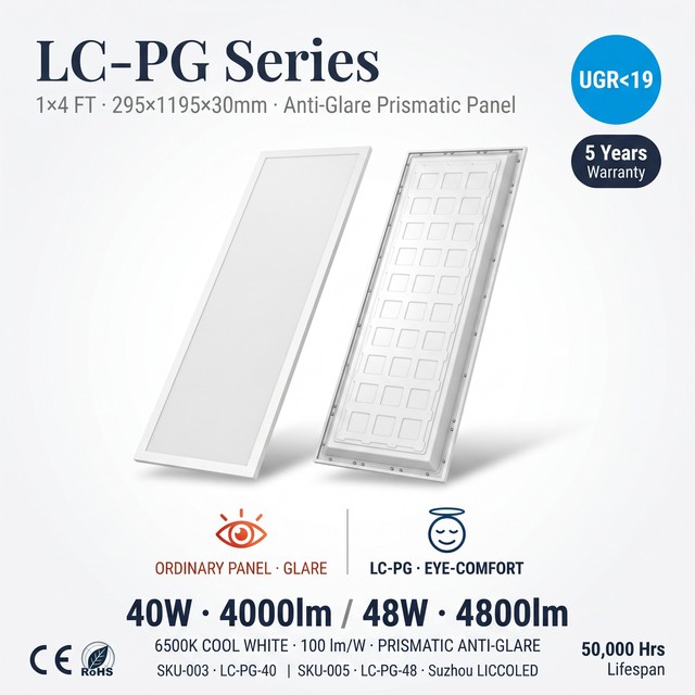 1x4FT 40W Linear LED Panel Light 4000lm UGR19 Backlit 6500K 295x1195 Anti Glare Flicker Free for Corridor Warehouse Aisle