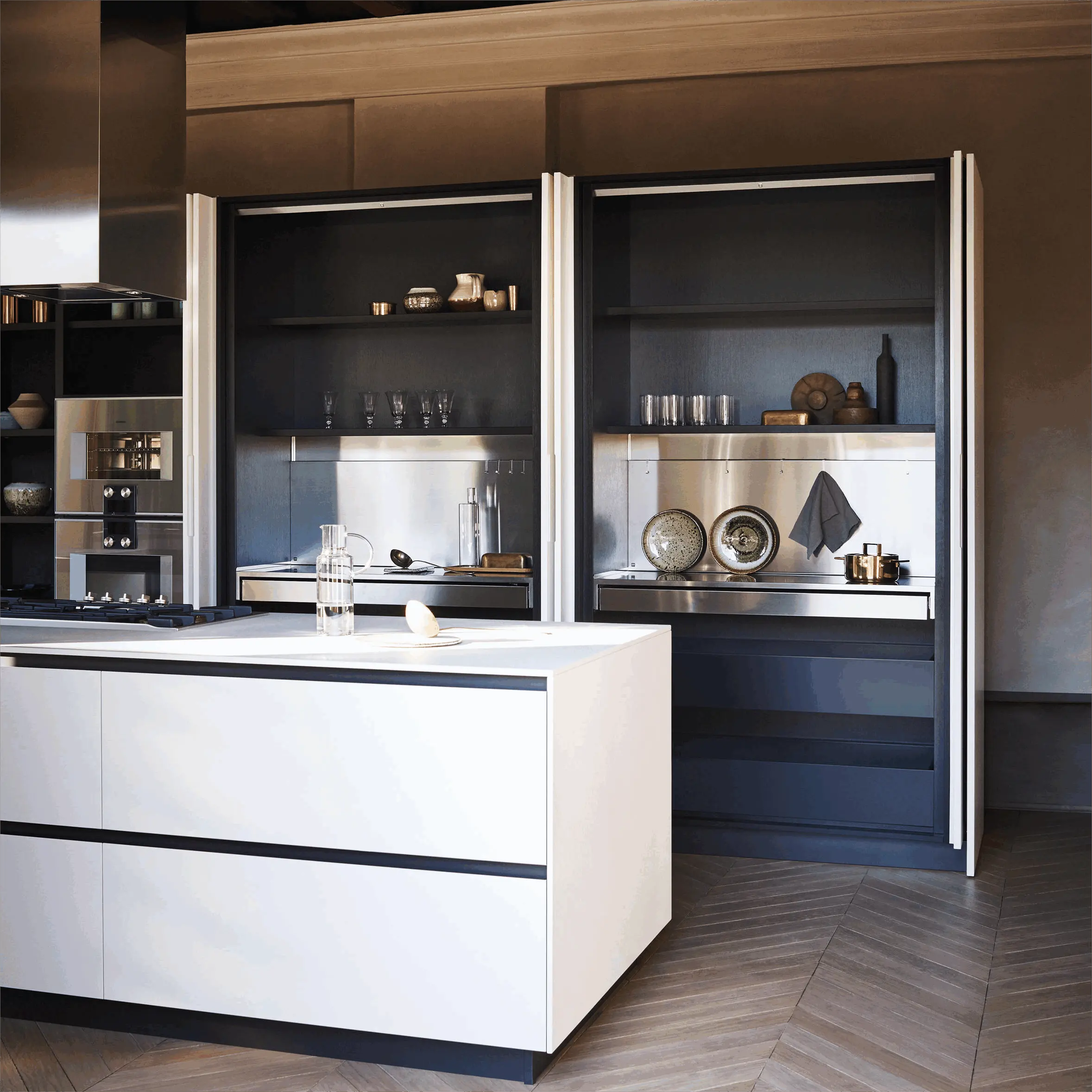 Menyembuhkan putih sederhana bersih kustom kabinet dapur dengan pulau desain Modern kabinet
