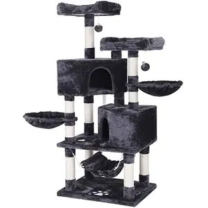 Condominio de árbol de gato de varios niveles con postes para rascar de sisal, perchas, casas, hamacas y cestas, muebles de torre para gatos