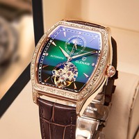 Montre mécanique Glen neuve, cadran à phases lunaires en alliage, aiguilles lumineuses, résistance à l'eau 30M, bracelet en cuir véritable, style business pour homme