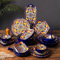 Service de vaisselle en céramique sous glaçure style bohème, comprenant des bols à riz vintage, des bols à soupe et à nouilles à double anse et des assiettes, pour la maison et les restaurants