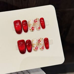 Nouveau produit lancé, grimpes floraux rouges à motifs rouges, branches dorées, pierres précieuses rouges, ongles artisanaux œil de chat - Product Image 1