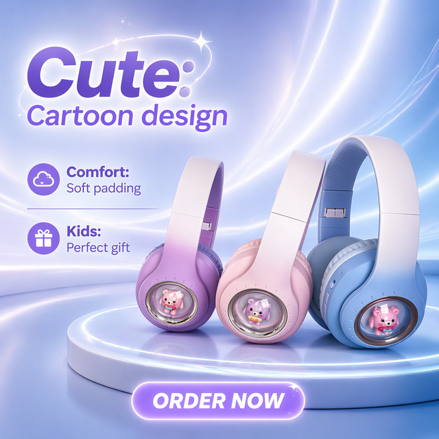 Cartoon Wireless Headphones for Kids | Cute Over-Ear Bluetooth Headset