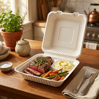 Boîte en bagasse de 8 pouces, type coquille, compatible micro-ondes, compostable, dégradable, pour plats à emporter, emballage pour restauration rapide et cuisine cloud