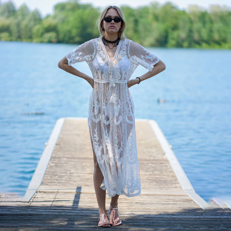 See through Embroidered Summer Beach Dress - White Mesh Lace See through Embroidered Summer Beach Dress - White Mesh Lace
