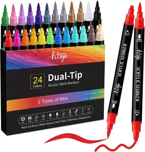 24 Colors Acrylic maker, Dual Tip Pens With Medium Tip and Brush Tip for Rock Painting, Ceramic, Wood, Plastic, Calligraphy